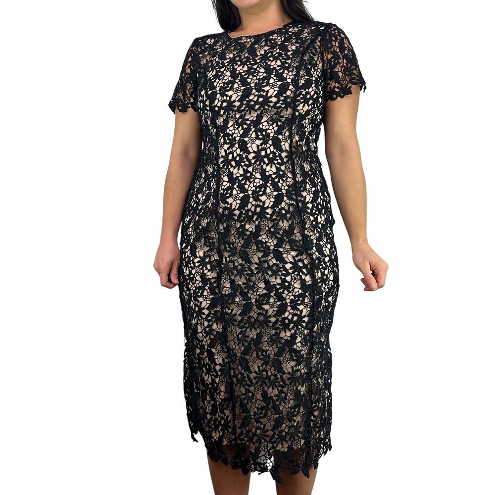NSR Mia Black Short Sleeve Crochet Lace Open Back Midi Dress